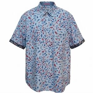 Tommy Bahama - Lite Blue Woven Shirt W/ Red & Blue Fish, Buttoned Pocket, XXL